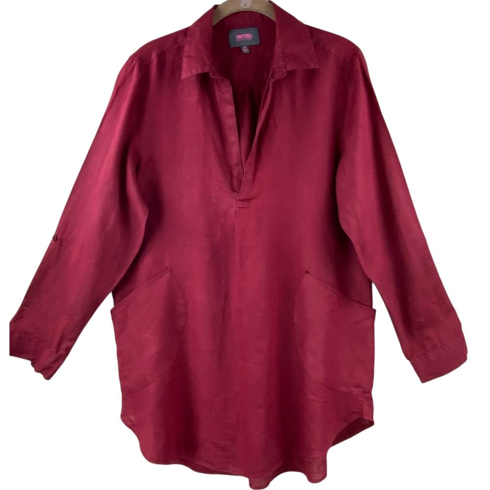 For Cynthia Beach Wear 100% Linen Blouse Size M Deep Red Pop Over
